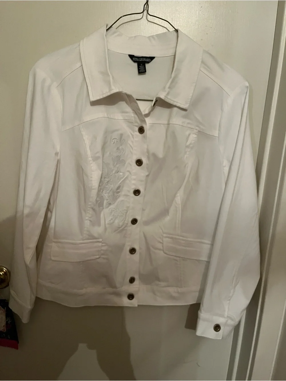 Nina Leonard Women's White Embroidered Button-Front Jacket - Picture 1 of 5